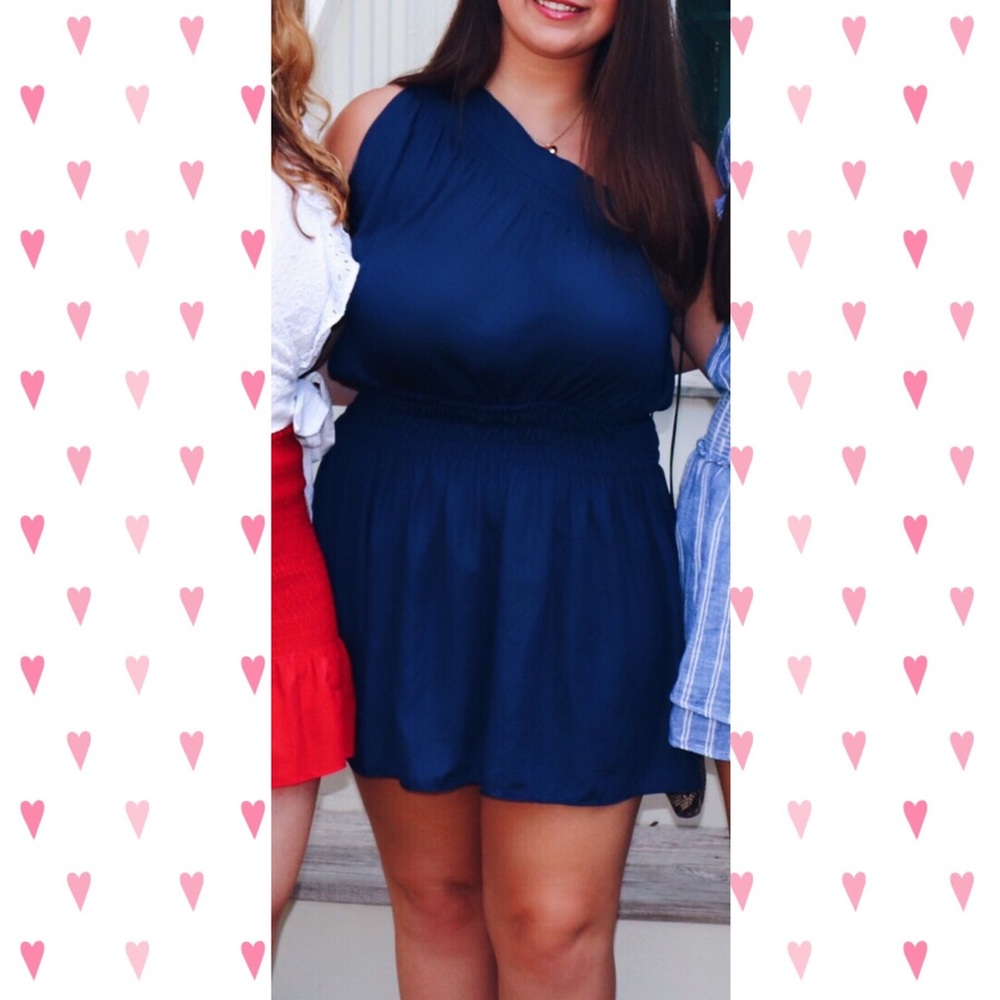 blue elastic waist one shoulder dress